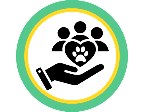 An icon of a hand a group of three people and a hear with a paw in it in a yellow and green circle frame